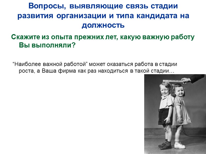 Вопросы, выявляющие связь стадии развития организации и типа кандидата на должность Скажите из опыта
